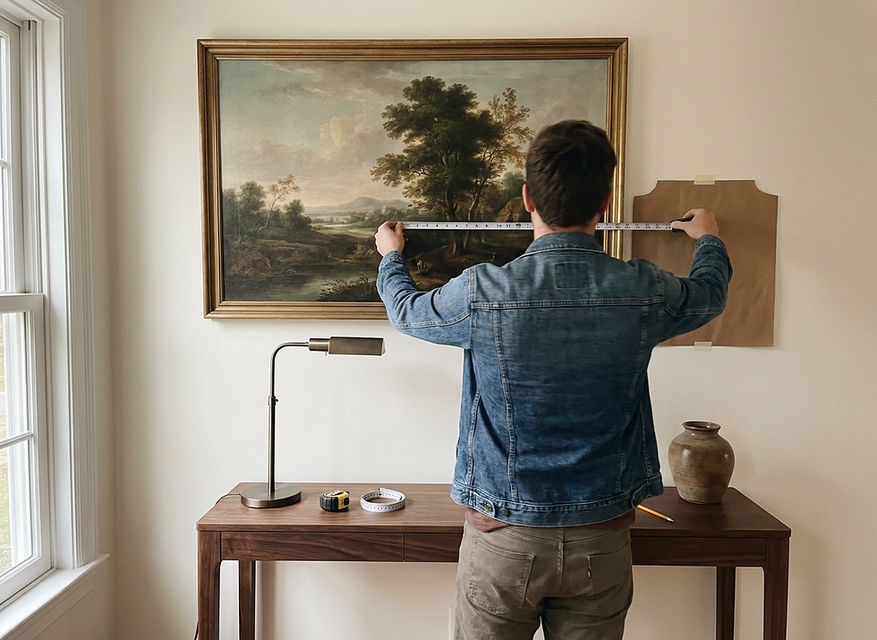 Homeowner measuring and hanging classic landscape art above a walnut console