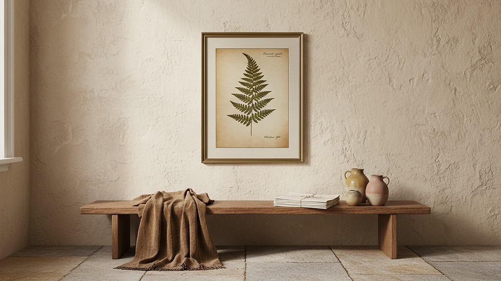Eye-level view of a vintage digital botanical print hanging on a textured wall