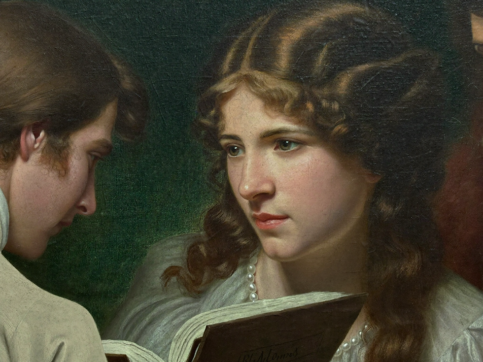 Painted woman listening within a literary circle in emotional Romanticism art