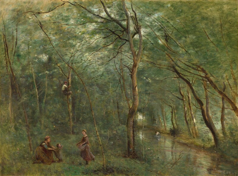 Corot's green forest scene with figures gathered beside a stream