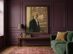 "The Young Lord of the Rose Window" above a wood console in a plum living room — interior mockup