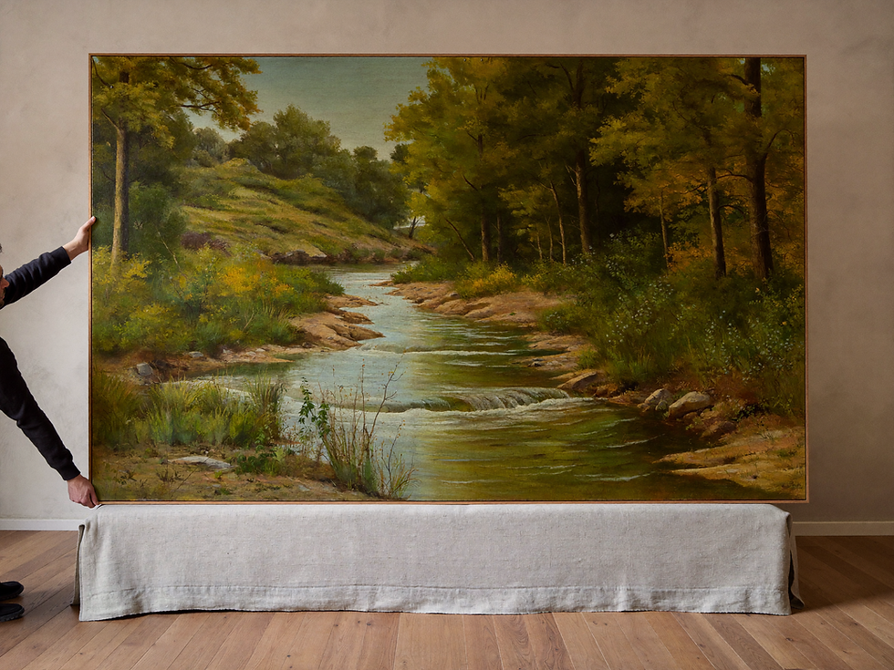 Person hanging a large framed river landscape at the correct height above a linen sofa.