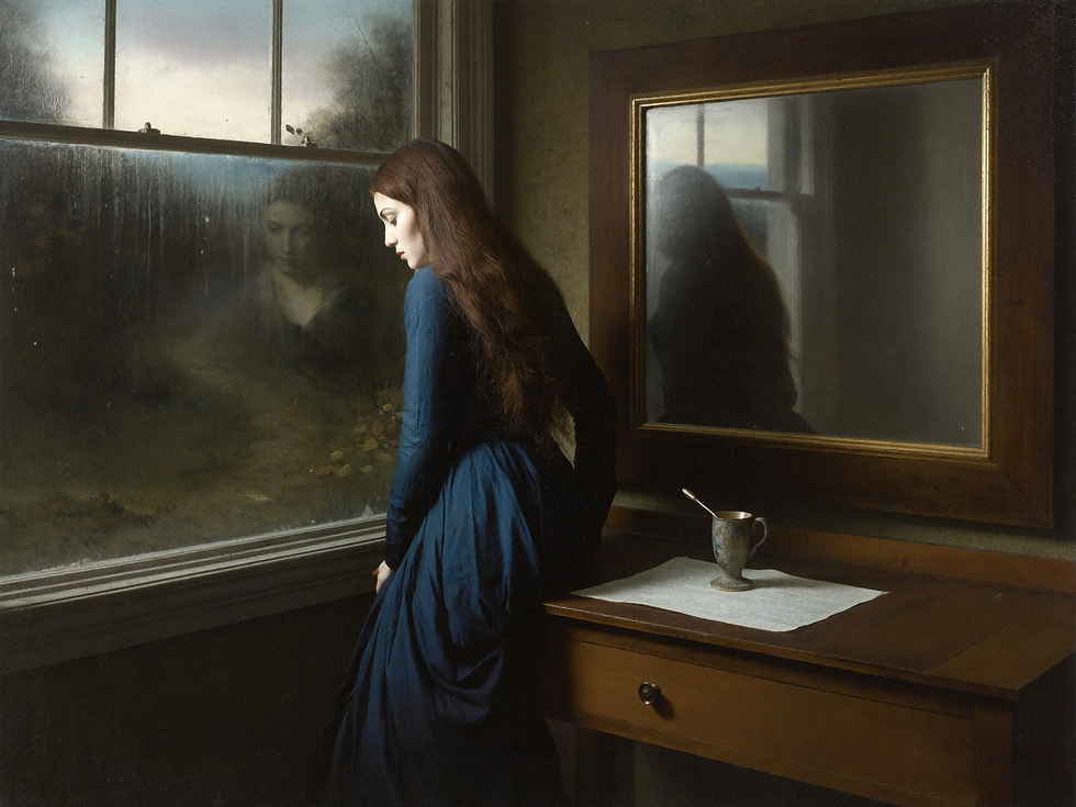 Romantic oil painting of a woman in blue beside a rain-streaked window and antique mirror.