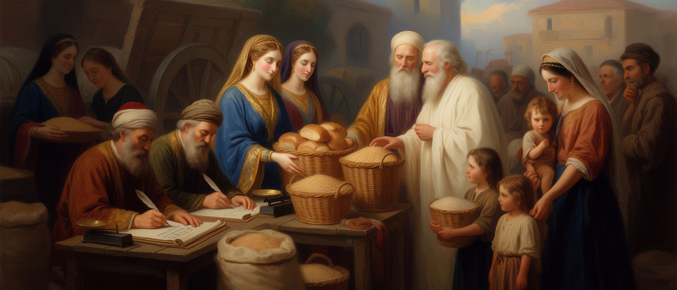 Bread for the People original vintage wall art painting of a queen opening the granary and offering bread to the people
