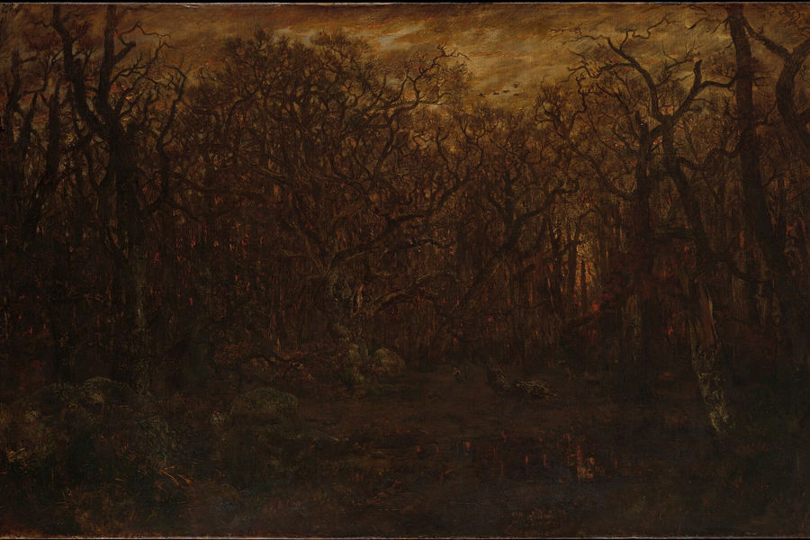 Théodore Rousseau forest landscape at winter sunset, with bare trees and tiny figures beneath a glowing sky.