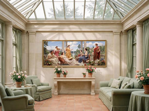 The Garden Discourse framed in a sunroom with sage chairs and a stone console.