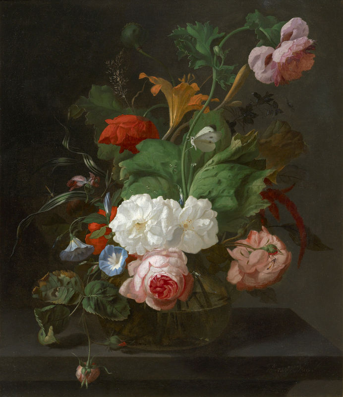 Rachel Ruysch's luminous glass vase filled with detailed summer flowers
