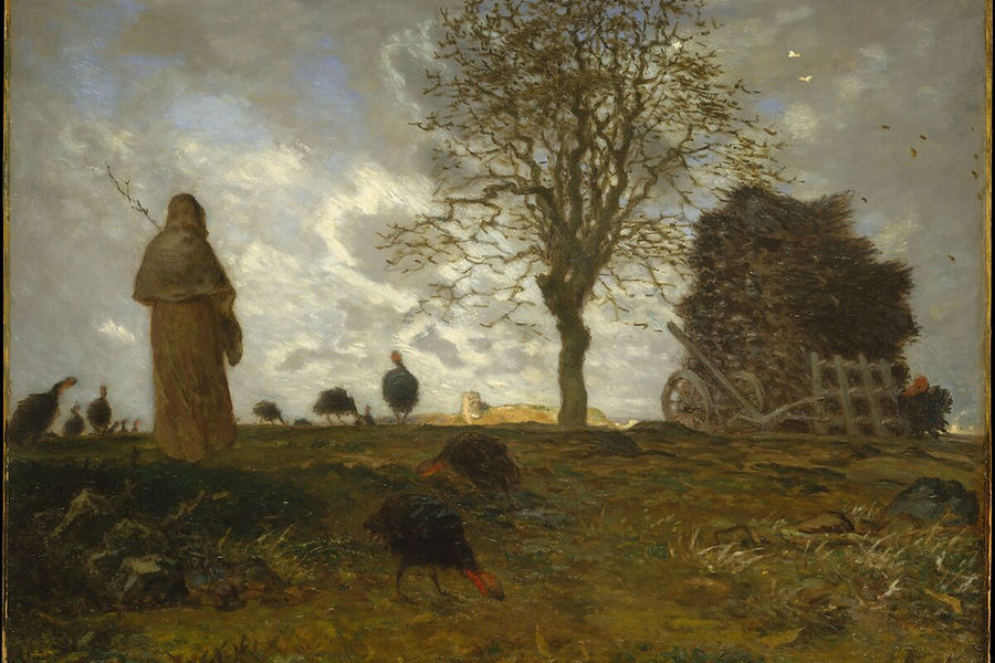 Autumn landscape near Barbizon by Jean-François Millet with a flock of turkeys and a village tower.
