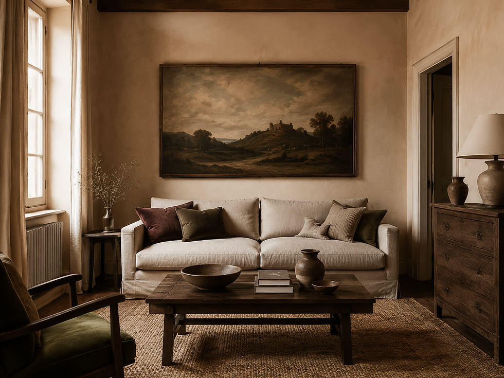 Compact living room with a large vintage landscape painting above a cream linen sofa.