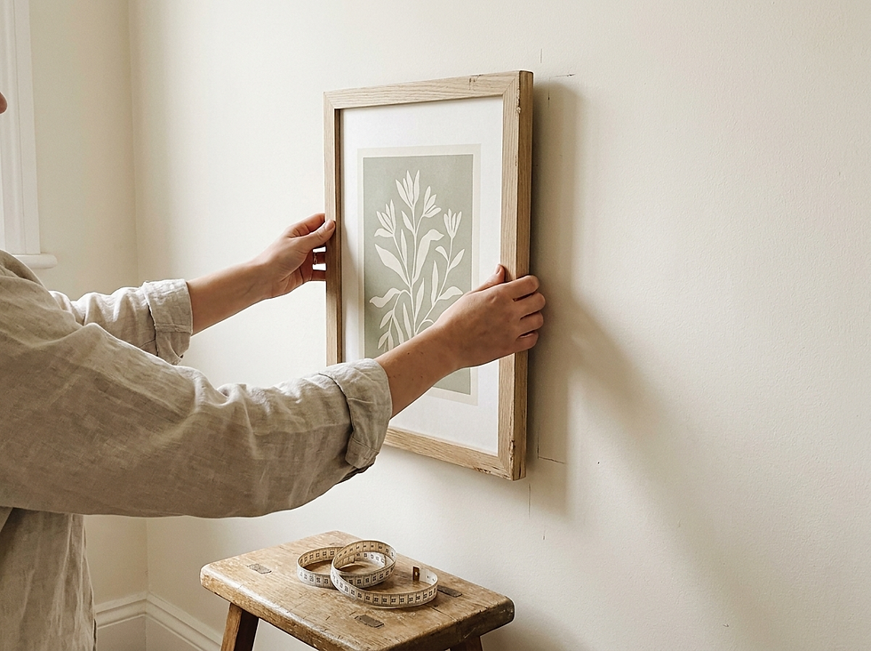 Hands hanging a serene botanical print in a light oak frame on an off-white wall