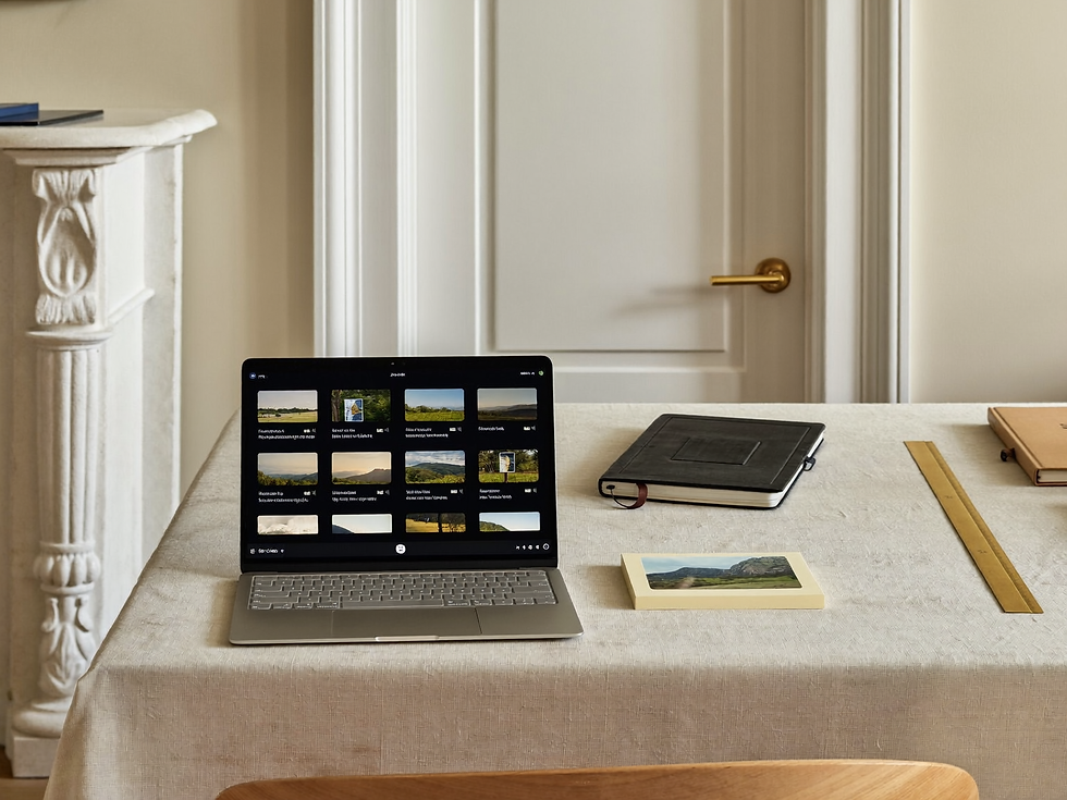 Laptop with digital artwork files beside a small print proof and ruler.