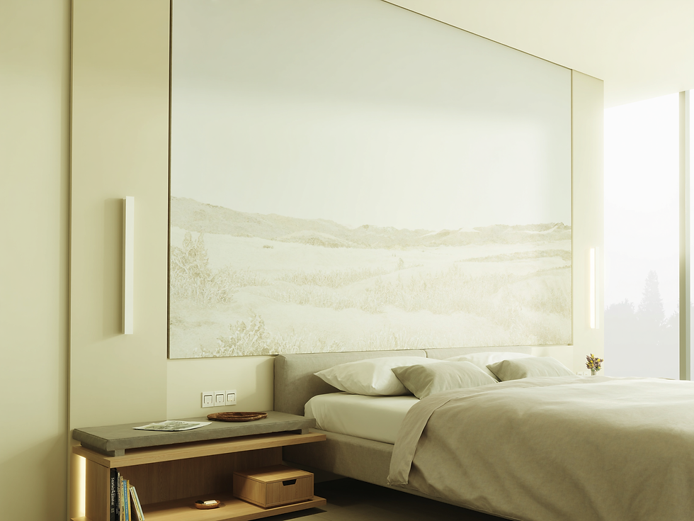 Serene bedroom with pale misty meadow landscape art, linen bedding, oak details, and foggy morning light.