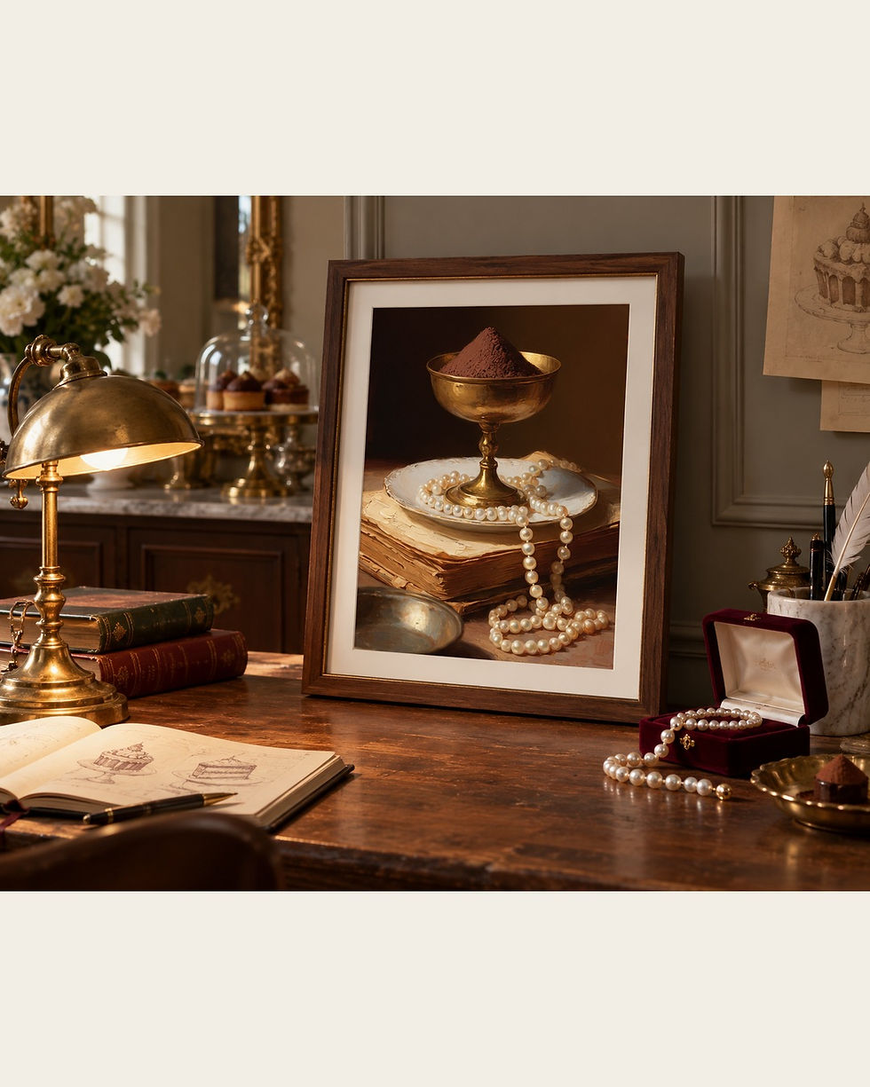 Pearls Around the Golden Dessert resting on a wooden writing desk