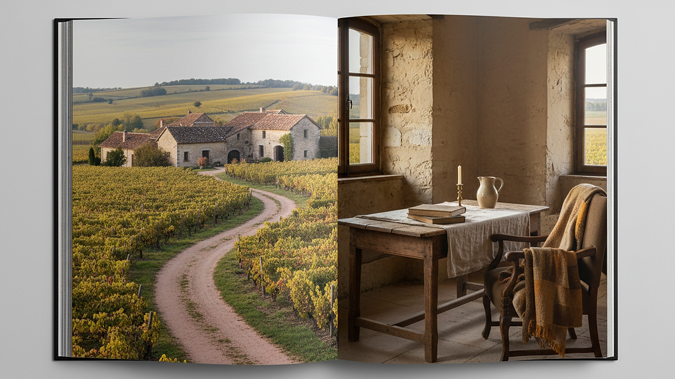 Wide angle view of a vineyard landscape in Burgundy