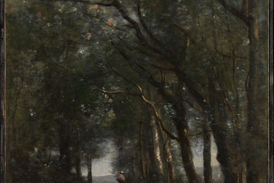 A tree-lined country lane by Camille Corot, with soft light filtering through the foliage.
