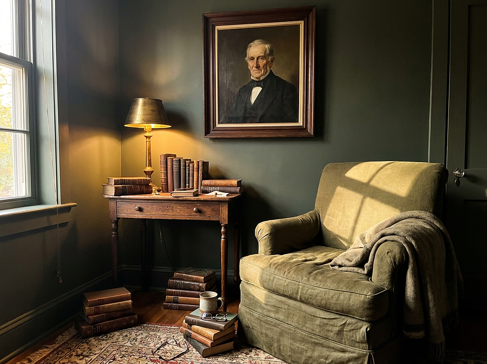 Dark academia reading nook with vintage portrait wall art above a wooden writing desk