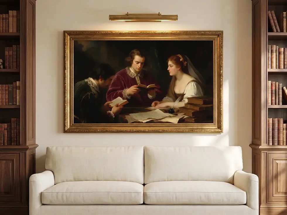 "Circle of Poets" displayed above an ivory sofa between walnut bookshelves
