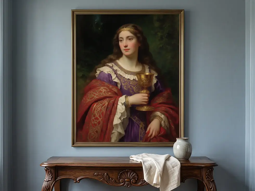 "The Lady of the Golden Chalice" in an antique frame on a muted blue-gray wall