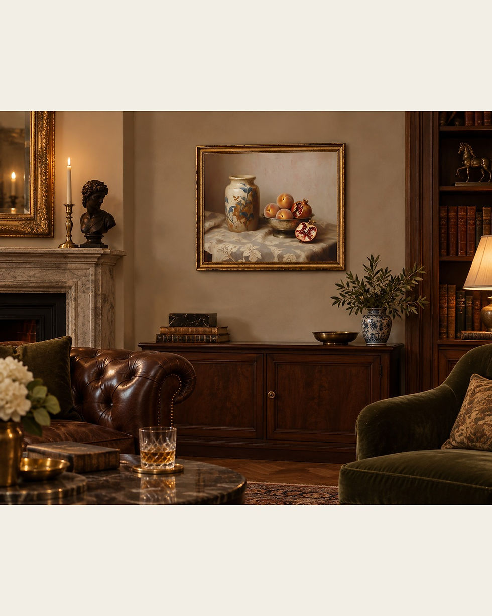 Pomegranates Beside the Painted Vase hanging in a room with books and leather seating
