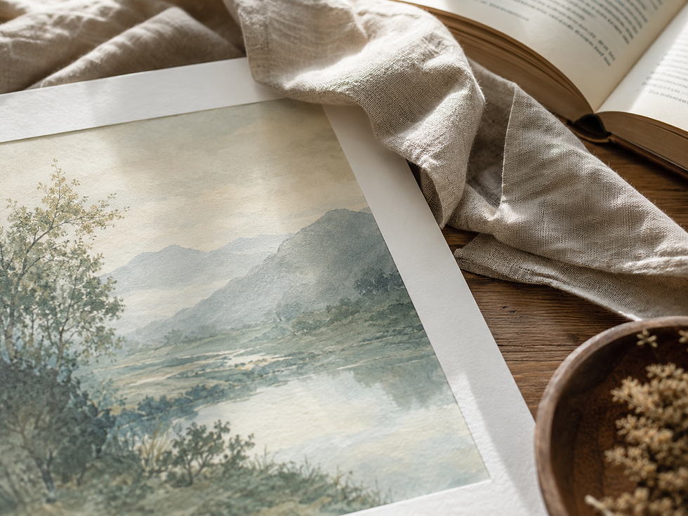 Close-up of a soft landscape print with muted green, blue, and cream tones beside linen fabric, an open book, and warm wood.