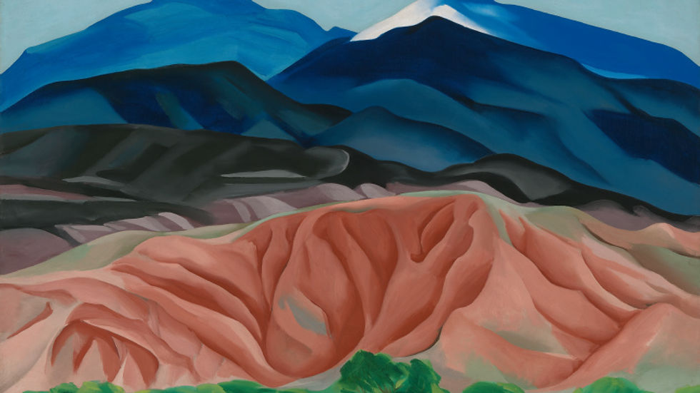 Georgia O’Keeffe landscape of Black Mesa in New Mexico, with dark blue forms and a low strip of green
