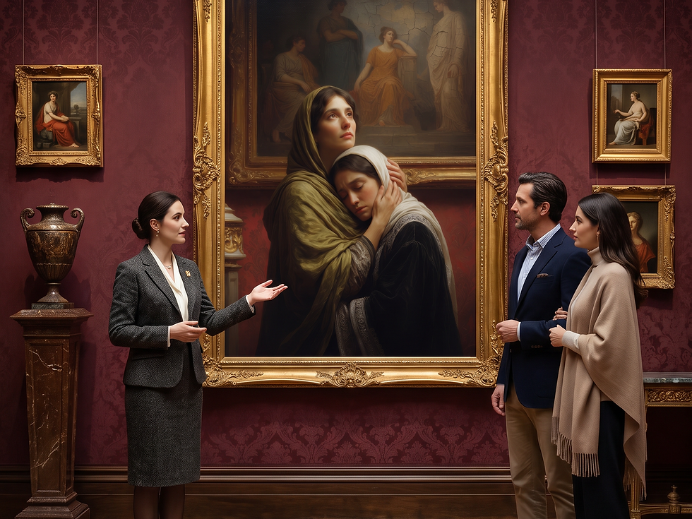 Gallery curator presenting The Consolation artwork to two collectors in a burgundy exhibition room.