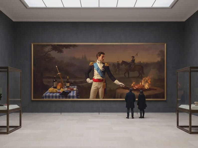 Supper Before the Battle panoramic art print displayed in a warm dining interior