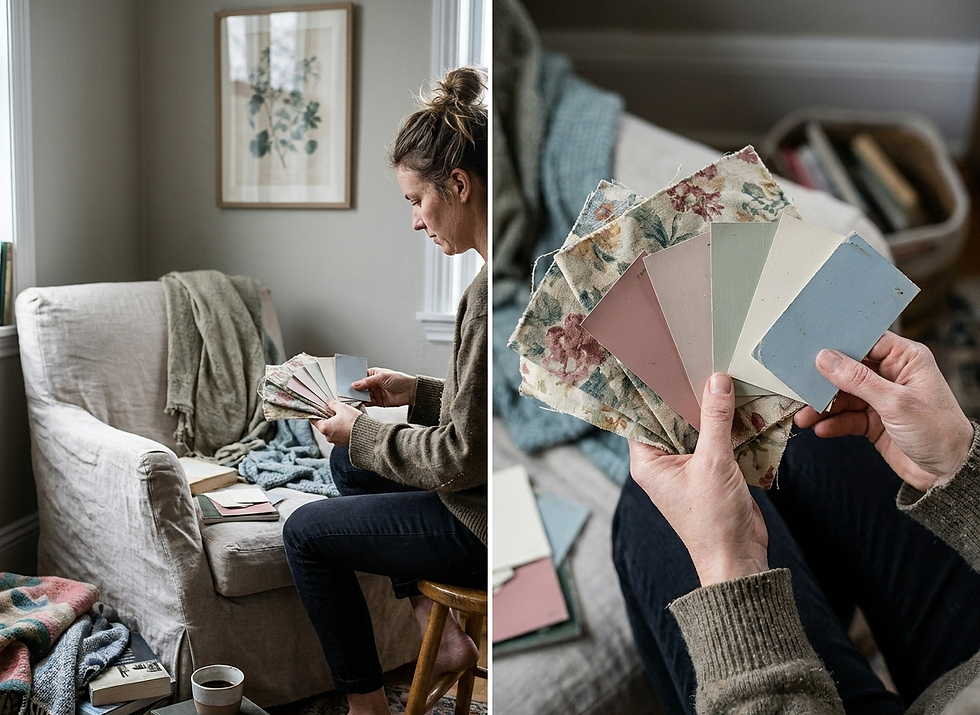 Woman comparing muted floral fabrics and paint colors in a calm home