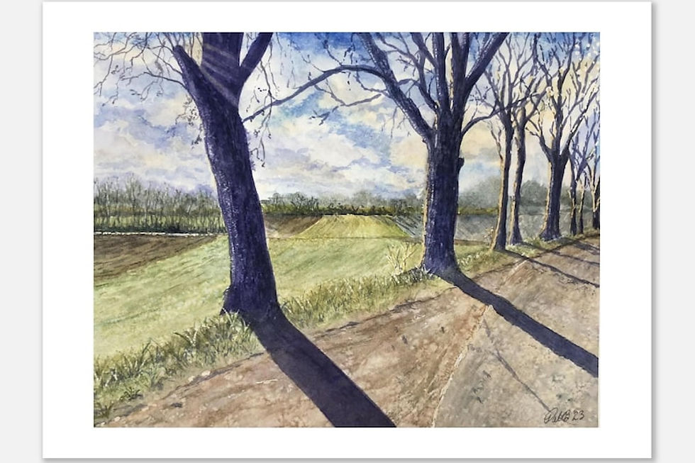 French landscape watercolour print showing a peaceful countryside stroll