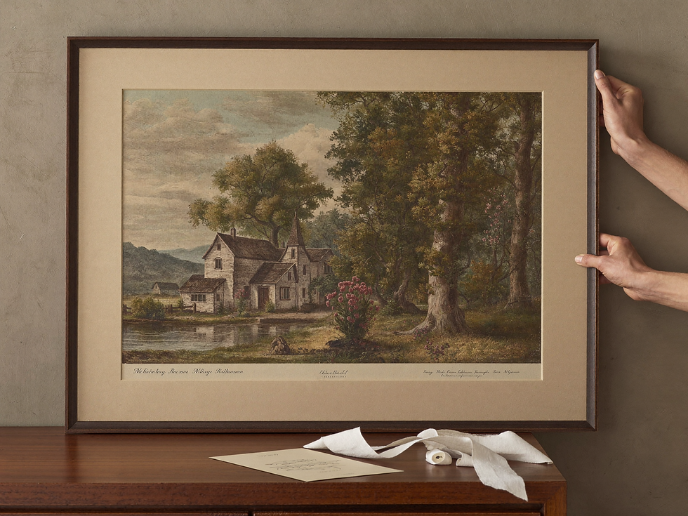 Framed countryside landscape printable art styled for gifting with linen ribbon and a handwritten note.