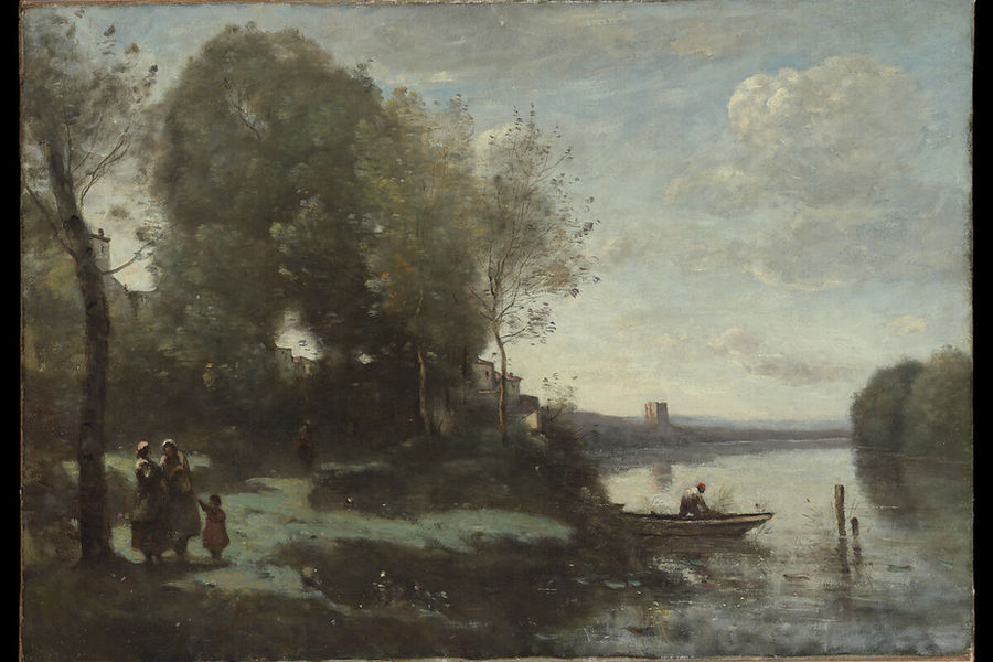 Camille Corot landscape with silvery trees, a river, figures, and a distant tower.