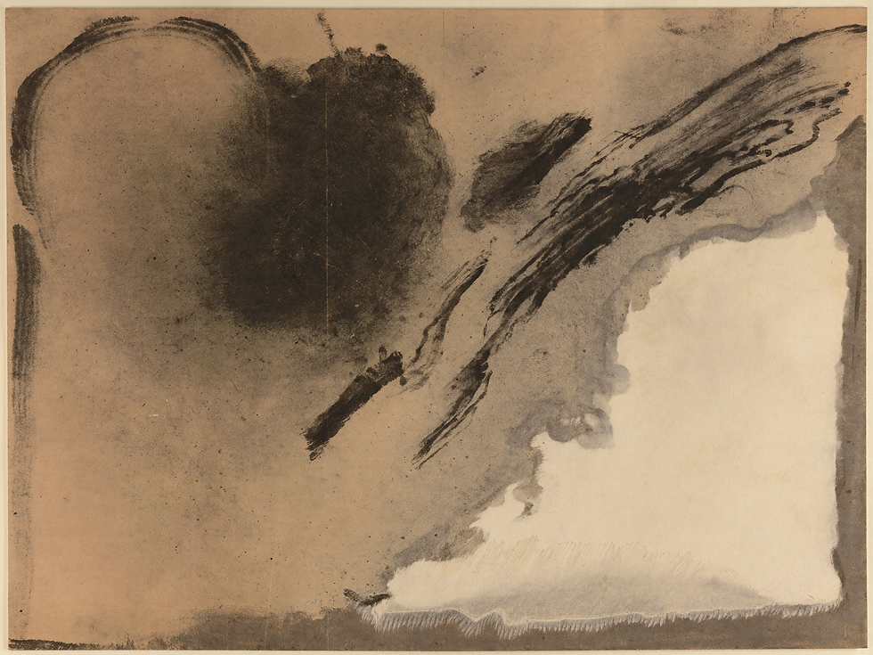 Minimal wabi sabi ink-wash artwork with charcoal marks on warm handmade paper.