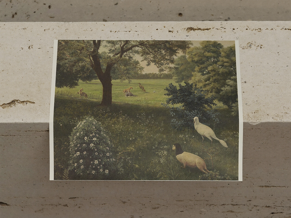Matte-looking pastoral print resting on a pale stone ledge in soft daylight.
