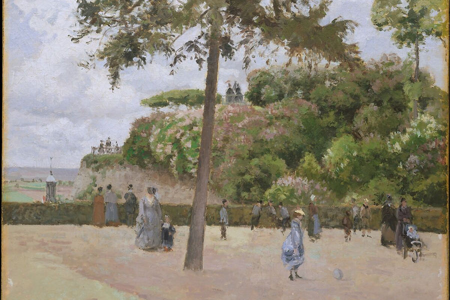 Camille Pissarro public garden at Pontoise with terraces, trees, figures, and a view toward Paris.