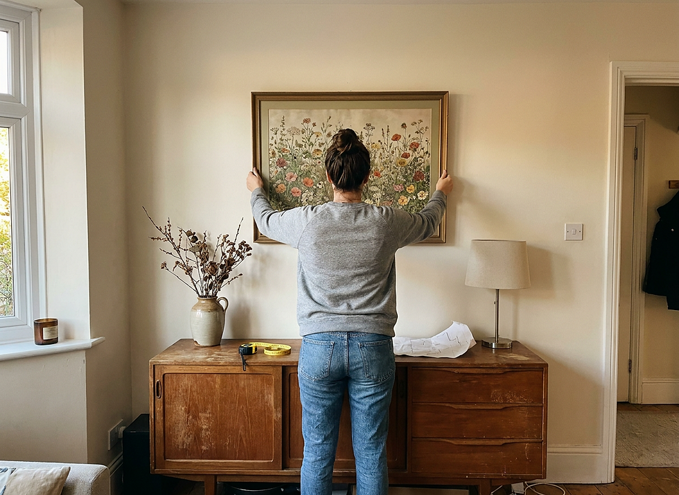 Homeowner hanging a large vintage floral print above a wooden sideboard