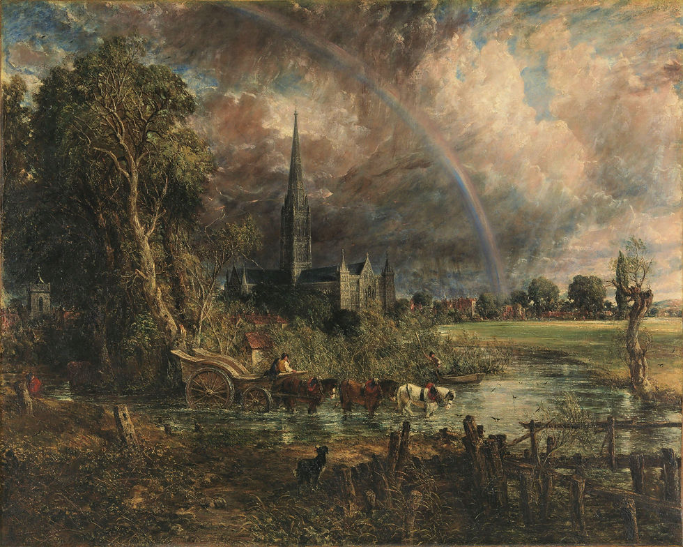 John Constable's Salisbury Cathedral rising beyond a stormy meadow and dark trees