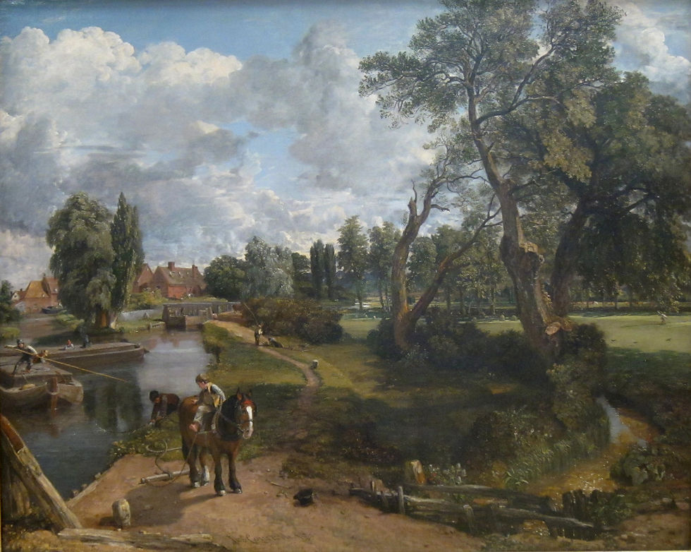 John Constable's Flatford Mill beside a quiet river in the Suffolk countryside