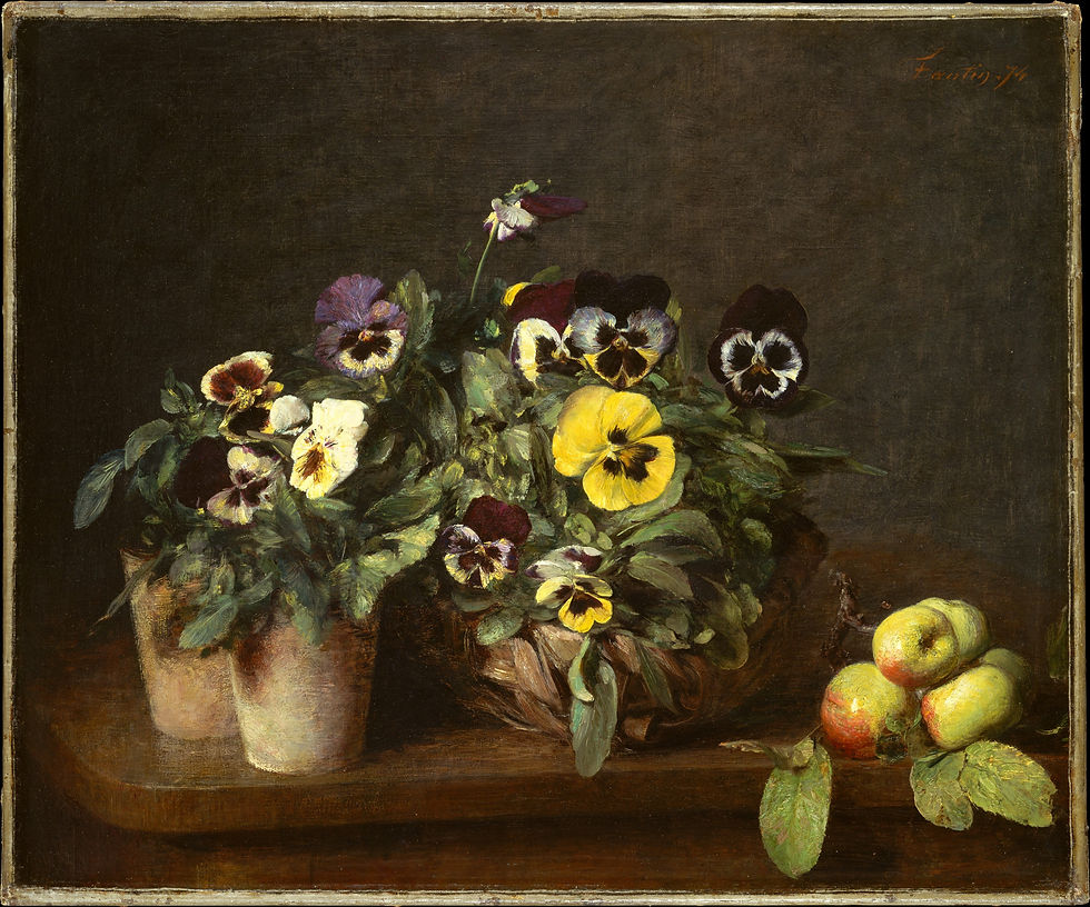 Yellow and purple pansies in low containers beside a leafy apple branch against a brown background.