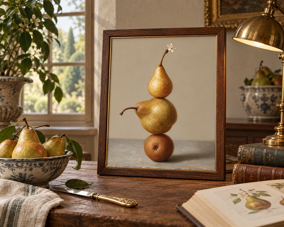Golden pear still life in a wood frame displayed on a desk with books and a lamp.