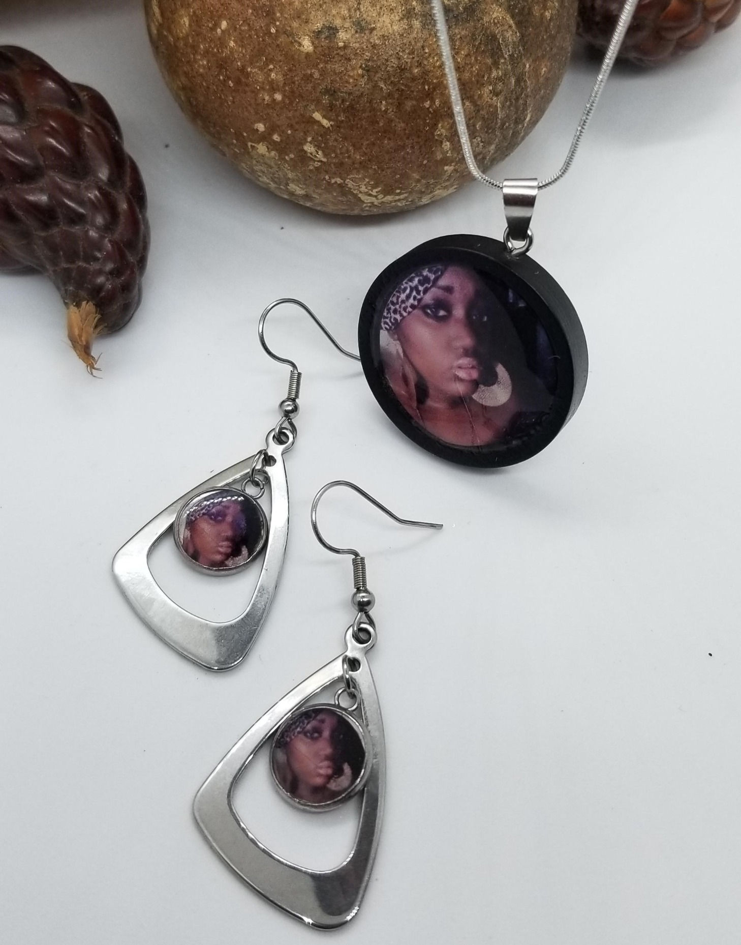Custom Photo Pendant Necklace and Earrings Set