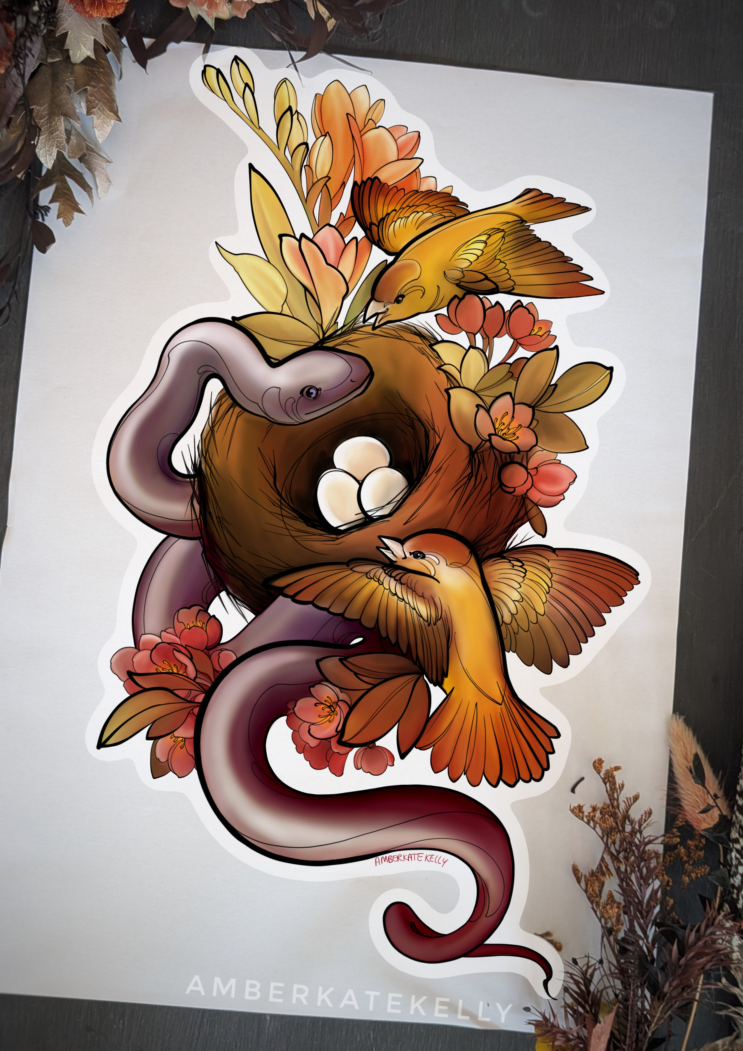 Snake and Bird Nest Tattoo Design