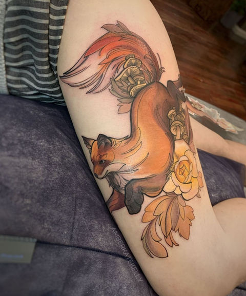 Autumn Fox jumping down in Colour Neotraditional Style from Sydney Australia