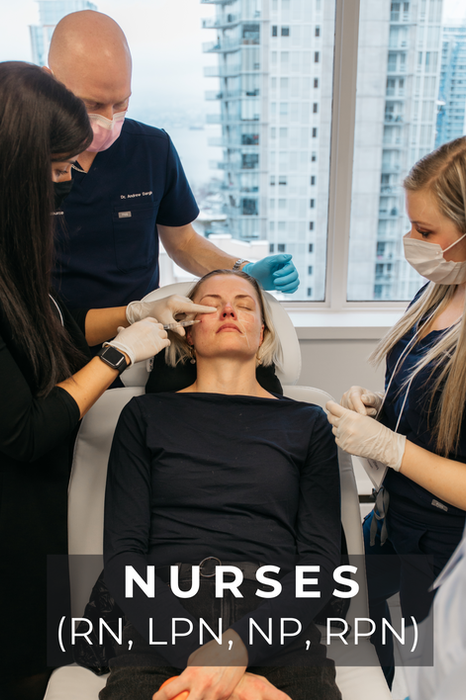 Image of doctor and learners discussing patient filler treatment with filler product. 