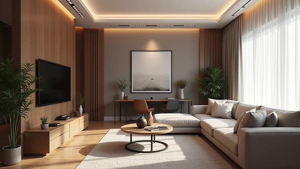 Eye-level view of modern living room with smart lighting