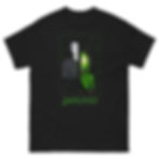 Black T-shirt featuring a boy and a superhero costume.