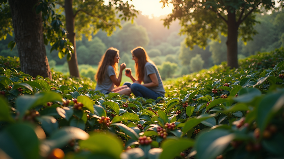 High angle view of coffee plants growing under shade trees on a farm
