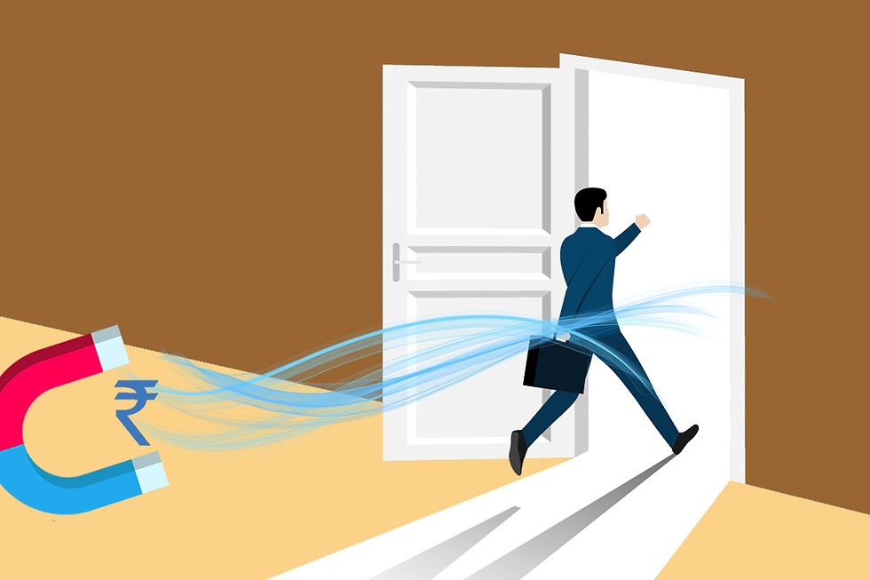 A businessman sprinting towards the door, eager to seize the opportunity symbolized by a rupee sign.