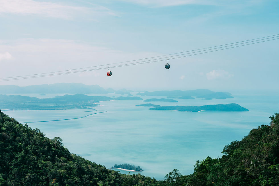 High angle view of Langkawi cable car ascending over lush green forest