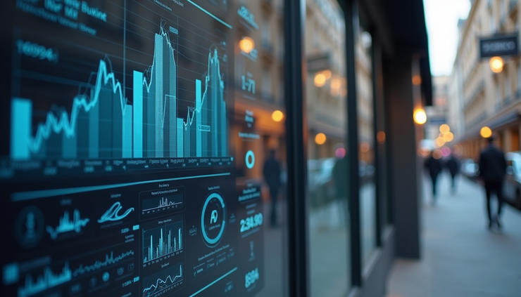 Eye-level view of a small storefront with a digital screen showing AI analytics