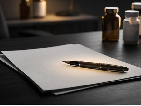 Black and white scientific desk with FDA guidance document, pen, and blurred supplement bottles under warm gold accent light